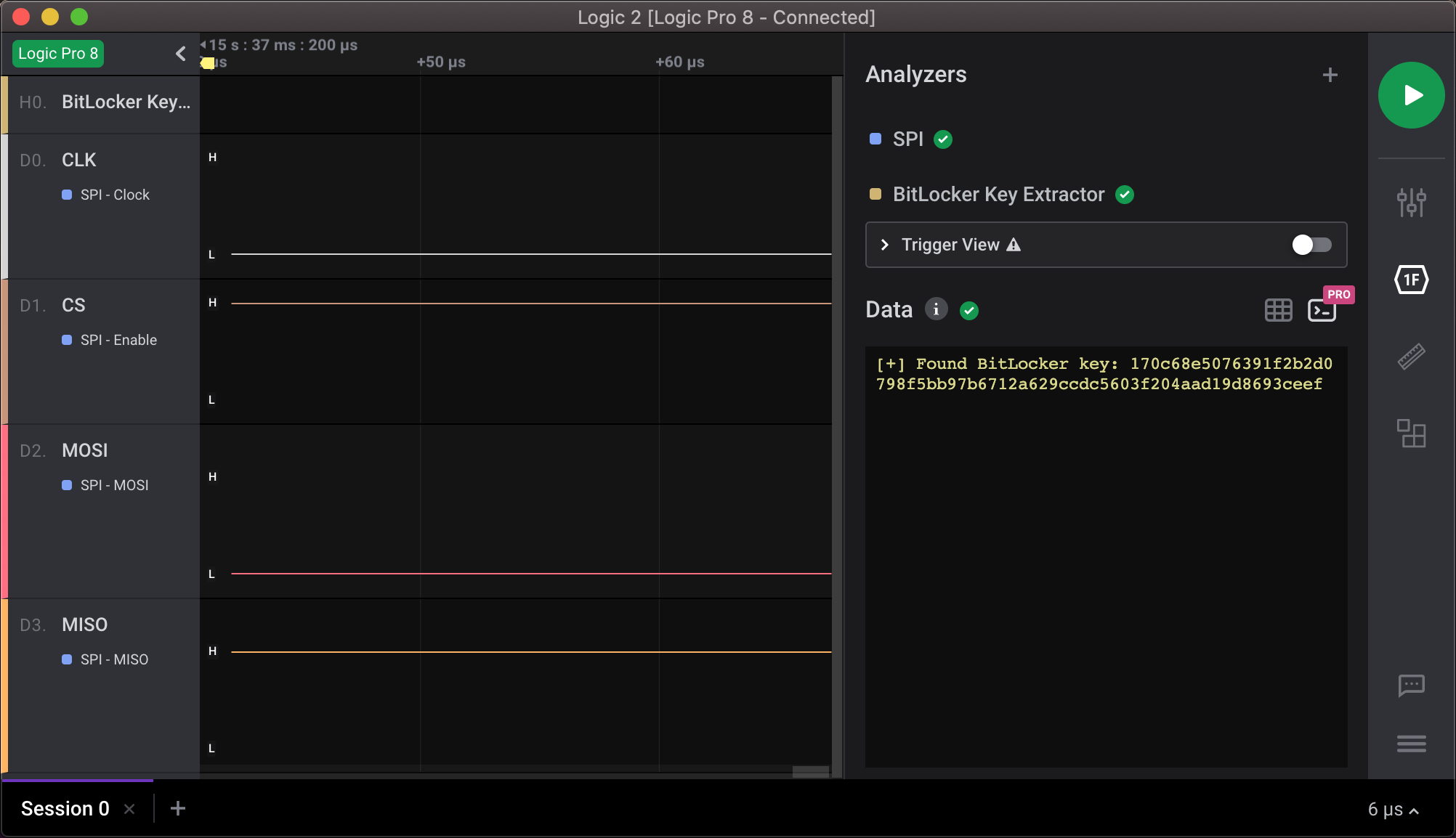 Screenshot of the Logic 2 Software showing a SPI capture with the VMK in plain text