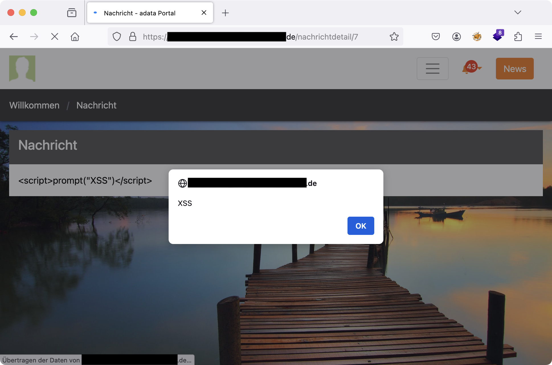 Web browser showing an JavaScript alert, triggered by the Cross Site Scripting (XSS) vulnerability.