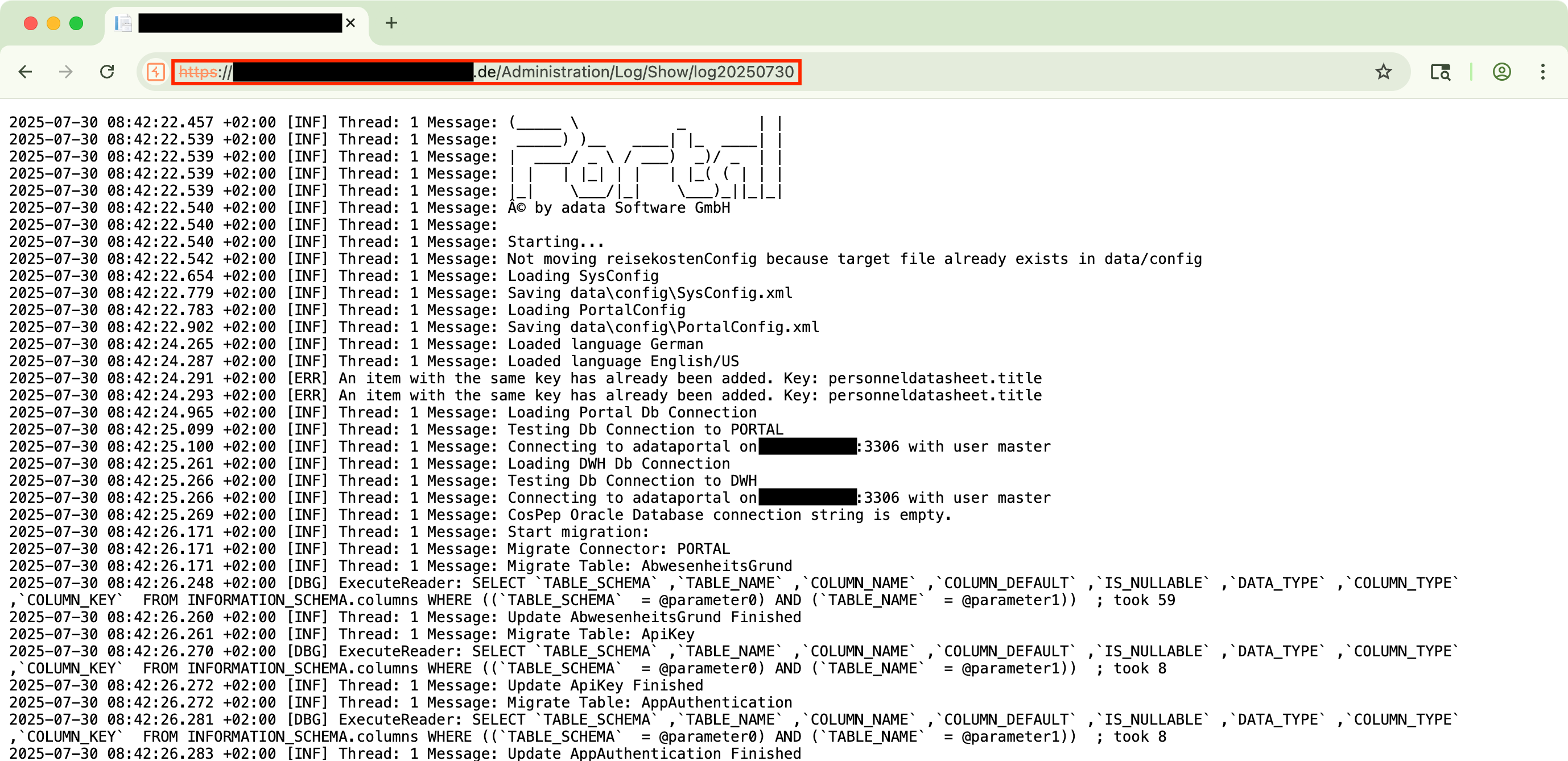 Administrative log file displayed in a browser, exposing database names, queries, server paths, and file names to any authenticated user.