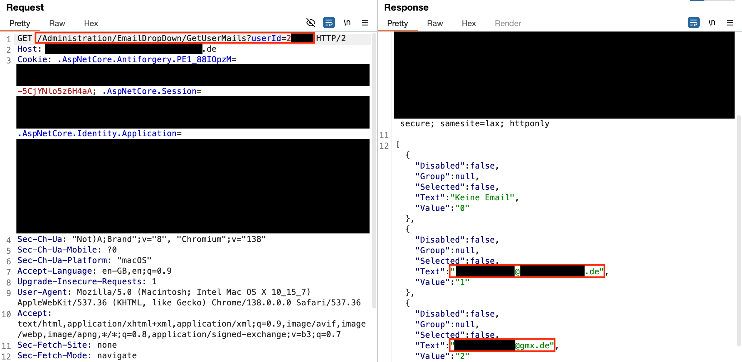 Burp Suite output showing how an altered userId parameter reveals confidential employee data